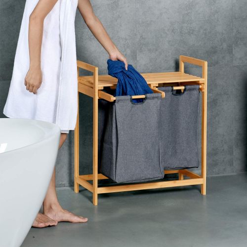  ToiletTree Products Bamboo Laundry Hamper with Dual Compartments  Two-Section Laundry Basket with Removable Sliding Bags & Shelf  Wooden Bamboo Laundry Organizer Cabinet for Bath