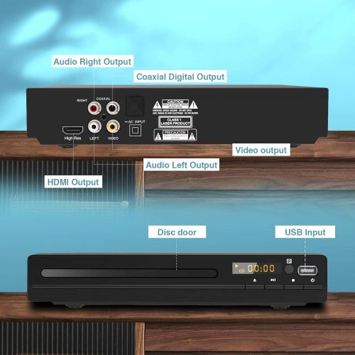  [아마존베스트]DVD Player with HDMI AV Output, DVD Player for TV, Contain HD with Coaxial Output/ AV Cable/ Remote Control/ USB Input, Region Free Home DVD Players, Tojock