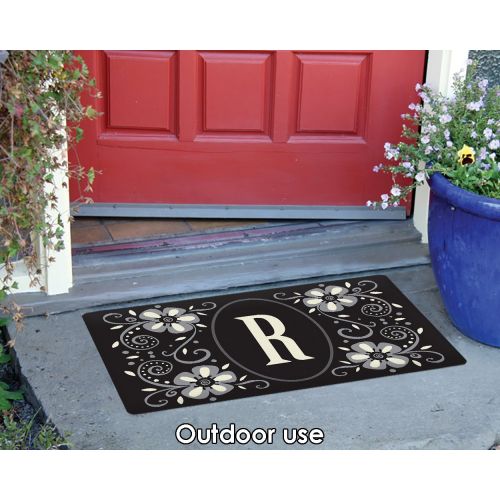  Toland Home Garden Classic Monogram R 18 x 30 Inch Decorative Floor Mat Flower Design Pattern Doormat