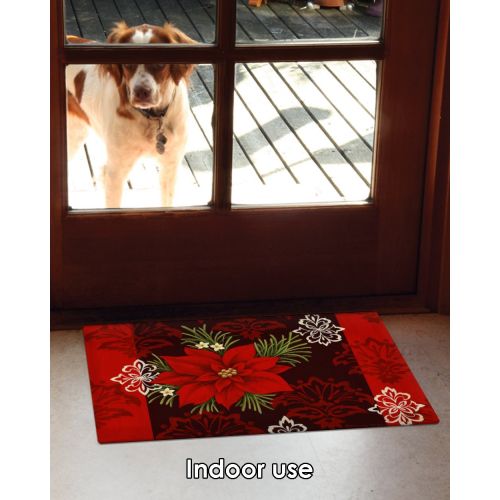  Toland Home Garden Red Damask 18 x 30 Inch Decorative Floor Mat Christmas Poinsettia Flower Holiday Doormat - 800109