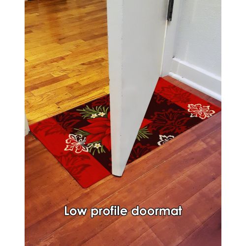  Toland Home Garden Red Damask 18 x 30 Inch Decorative Floor Mat Christmas Poinsettia Flower Holiday Doormat - 800109