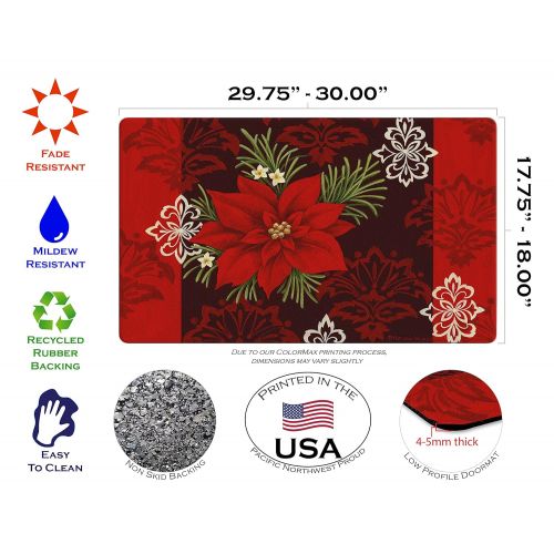  Toland Home Garden Red Damask 18 x 30 Inch Decorative Floor Mat Christmas Poinsettia Flower Holiday Doormat - 800109