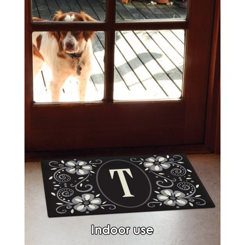  Toland Home Garden Classic Monogram T 18 x 30 Inch Decorative Floor Mat Flower Design Pattern Doormat