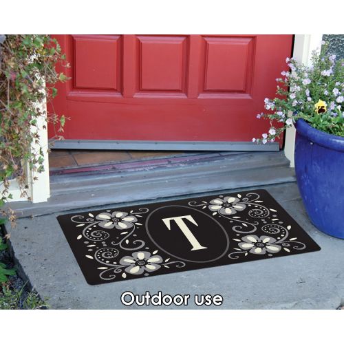  Toland Home Garden Classic Monogram T 18 x 30 Inch Decorative Floor Mat Flower Design Pattern Doormat