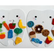 TomToy Happy tooth - Sad tooth, Good and bad food for teeth, Felt sorting activity, 21x24cm tooth, Set of 2 teeth+8/16 food pcs