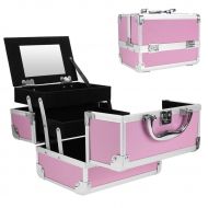 Tomasar Mini Makeup Train Case with Mirror Portable Aluminum Cosmetic Organizer Box 2 Trays Pink