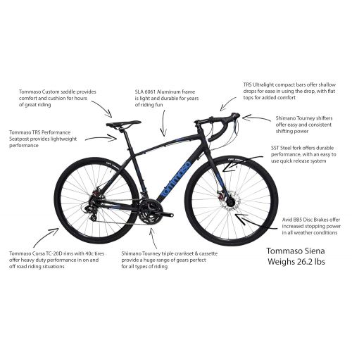  Tommaso Siena - Shimano Tourney Gravel Adventure Bike with Disc Brakes, Extra Wide Tires, Perfect for Road Or Dirt Touring, Matte Black