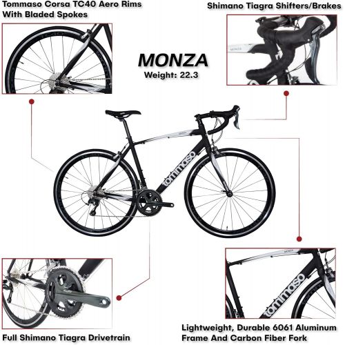  Tommaso Monza Endurance Aluminum Road Bike, Carbon Fork, Shimano Tiagra, 20 Speeds, Aero Wheels, Matte Black, Blue