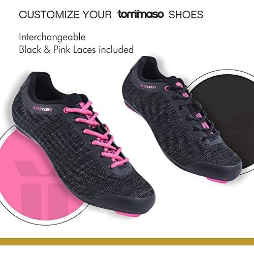  [아마존베스트]Tommaso Pista Aria Knit Womens Spin Class Ready Cycling Shoe and Bundle with Compatible Cleat, Look Delta, SPD - Black, Pink, Grey, Blue