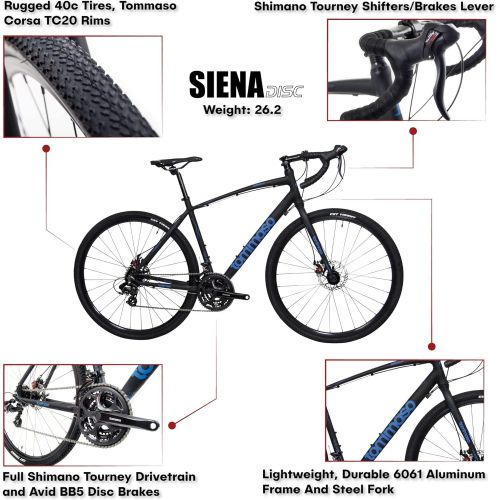  Tommaso Siena Gravel Bike, Shimano Tourney Adventure Bike with Disc Brakes, Extra Wide Tires, Perfect for Road Or Dirt Touring, Matte Black, Blue
