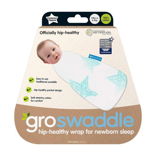 토미티피 Tommee Tippee Groswaddle Newborn Baby Cotton Hip-Healthy Swaddle Alternative - Star Bright - Birth to 12lbs, White, 0-3 Months