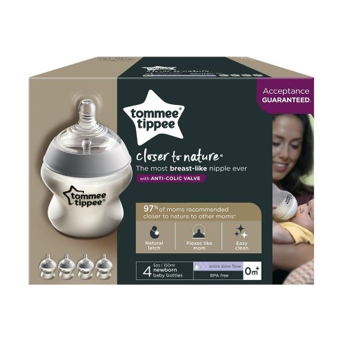 토미티피 [아마존베스트]Tommee Tippee Closer to Nature Baby Bottle, Anti-Colic Valve, Breast-Like Nipple for Natural Latch, BPA-Free - Extra Slow Flow, 5 Ounce, 4 Count