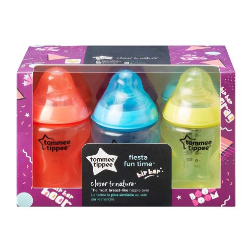 토미티피 [아마존베스트]Tommee Tippee Closer to Nature Fiesta Fun Time Baby Feeding Bottles, Anti-Colic Valve, Breast-Like Nipple for Natural Latch, Slow Flow, BPA-Free - 9 Ounces, Multi-Colored, 6 Pack