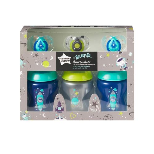 토미티피 Tommee Tippee Closer to Nature Boldly Go Decorated Gift Set with 6-Piece Baby Bottles & 6-18 Month Pacifiers, Boy