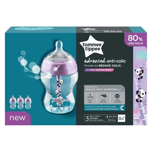 토미티피 Tommee TippeeDecorated Advanced Anti-Colic Bottles, Breast-Like Slow Flow Nipple, Heat-Sensing Technology, BPA-Free - Pink - 9 Ounce, 3 Count