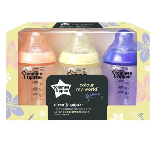 토미티피 Tommee Tippee Closer to Nature Baby Bottle, Anti-Colic, BPA-Free- Girl, Pink/Yellow/Purple, Slow Flow, 9 Ounce, 3 Count (Colors May Vary)