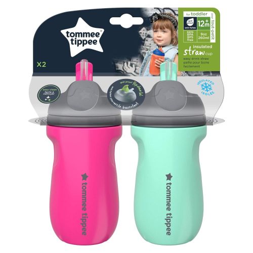 토미티피 Tommee Tippee Insulated Straw Cup for Toddlers, Spill-Proof, 9oz, 12m+, 2-Count, Pink and Mint Green