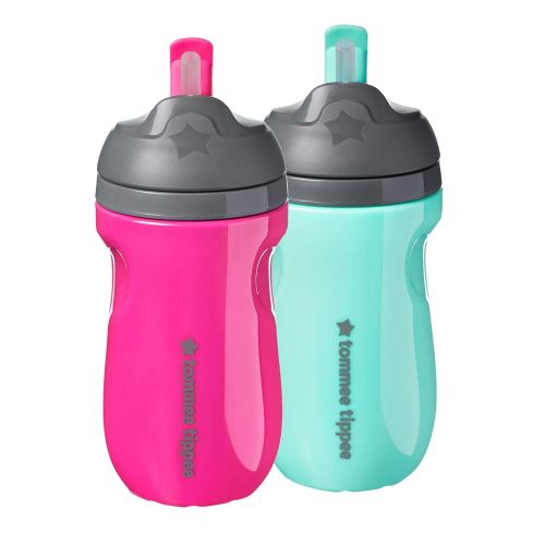 토미티피 Tommee Tippee Insulated Straw Cup for Toddlers, Spill-Proof, 9oz, 12m+, 2-Count, Pink and Mint Green