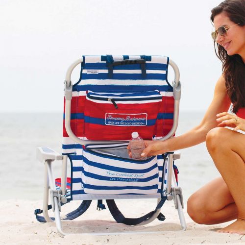  2 Tommy Bahama Backpack Cooler Chair with Storage Pouch and Towel Bar (Red/White/Blue & Red/White/Blue)
