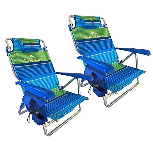  Tommy Bahama Set of 2 Low to The Ground Beach Chairs with Storage Pouch Towel Bar and Cooler (Nautical Stripe)