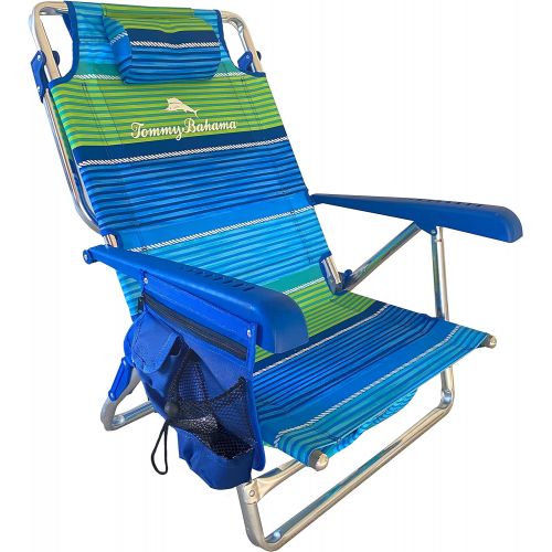  Tommy Bahama Set of 2 Low to The Ground Beach Chairs with Storage Pouch Towel Bar and Cooler (Nautical Stripe)