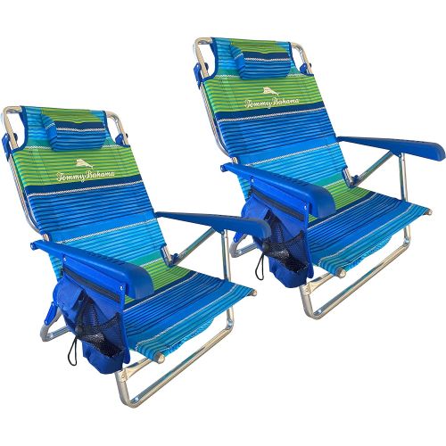  Tommy Bahama Set of 2 Low to The Ground Beach Chairs with Storage Pouch Towel Bar and Cooler (Nautical Stripe)