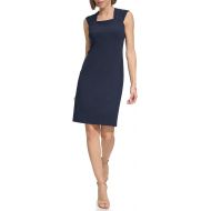 Tommy Hilfiger Women's Scuba Crepe Fabric Rivet Hardware at Sleeve Pleats Dress, Sky Captain