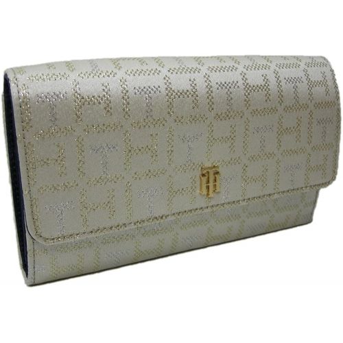 타미힐피거 New Tommy Hilfiger TH Logo Crossbody Purse Hand Bag Wallet Ivory Gold Clutch