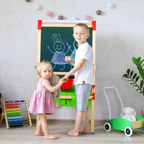  [아마존베스트]Tomons Kids Wooden Art Easels for Kids, 3-in-1 Chalkboard/Whiteboard/Paper Roll Easel for Boys and Grils Age 3+