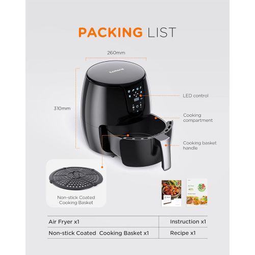  Tomons Hot Air Fryer, 3.5 L XL Fryer, Hot Air Fryer, Air Fryer LED Touch Panel with Temperature Control and Timer, Hot Air Circulation 6 Presets Without Oil, with Recipe Booklet (E