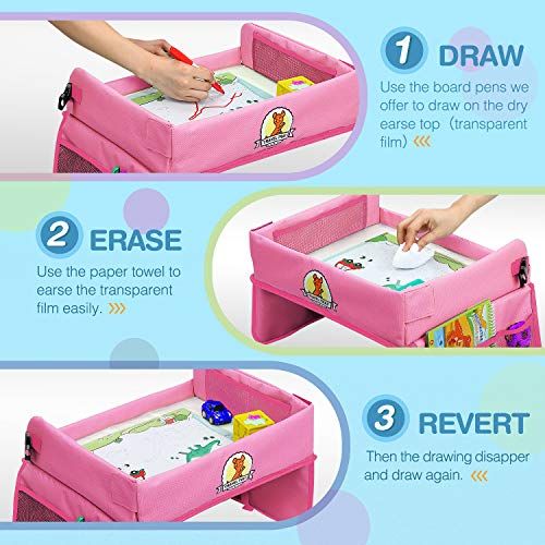  [아마존베스트]Tomser Upgraded Kids Travel Tray with Dry Erase Top Car Seat Travel Tray Bonus Educational Drawing Car Seat...