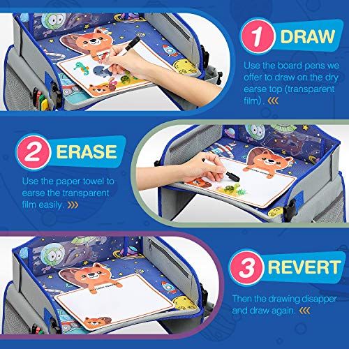  [아마존베스트]Tomser Kids Travel Tray, Car Seat Travel Tray with Colorful Space Top Toddler Car Seat Activity Tray More Organizer Pockets Large iPad & Cup Holder CarSeatTable for Stroller Airplane