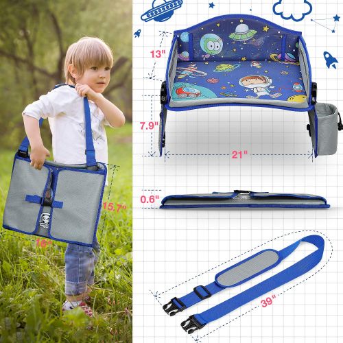  [아마존베스트]Tomser Kids Travel Tray, Car Seat Travel Tray with Colorful Space Top Toddler Car Seat Activity Tray More Organizer Pockets Large iPad & Cup Holder CarSeatTable for Stroller Airplane