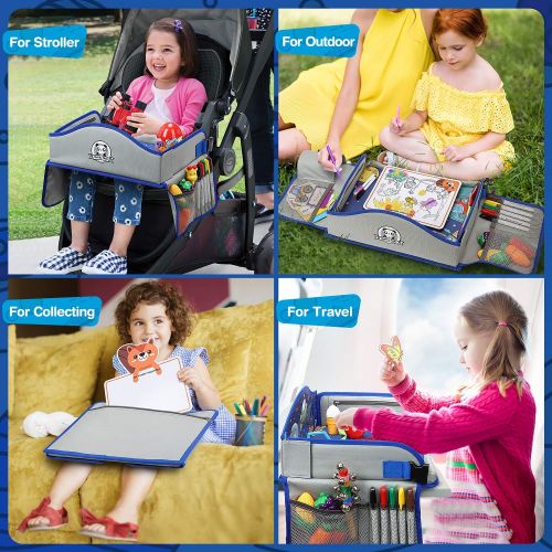  [아마존베스트]Tomser Kids Travel Tray, Car Seat Travel Tray with Colorful Space Top Toddler Car Seat Activity Tray More Organizer Pockets Large iPad & Cup Holder CarSeatTable for Stroller Airplane