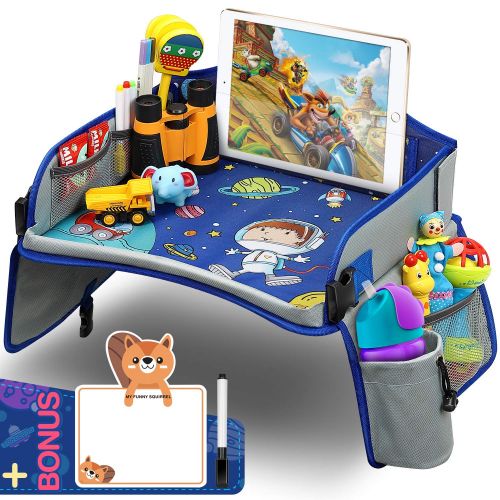  [아마존베스트]Tomser Kids Travel Tray, Car Seat Travel Tray with Colorful Space Top Toddler Car Seat Activity Tray More Organizer Pockets Large iPad & Cup Holder CarSeatTable for Stroller Airplane