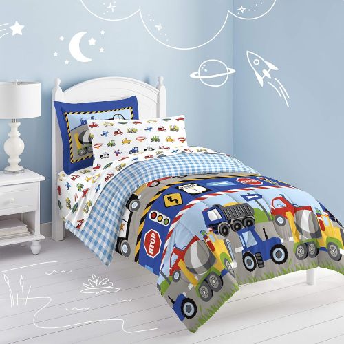  Tonka Dream Factory Trucks Tractors Cars Boys 5-Piece Comforter Sheet Set, Blue Red, Twin