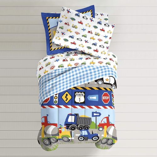  Tonka Dream Factory Trucks Tractors Cars Boys 5-Piece Comforter Sheet Set, Blue Red, Twin