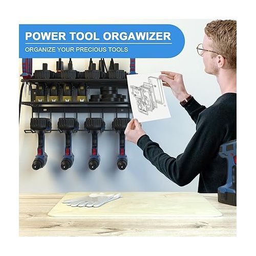  Heavy Duty Tool Organizer with charging station, 3 Layers Garage Pegboard Tool Rack, Power Tool Organizer Wall Mounted with 7 -Hole outlets Surge Protector, 4 Power Drill