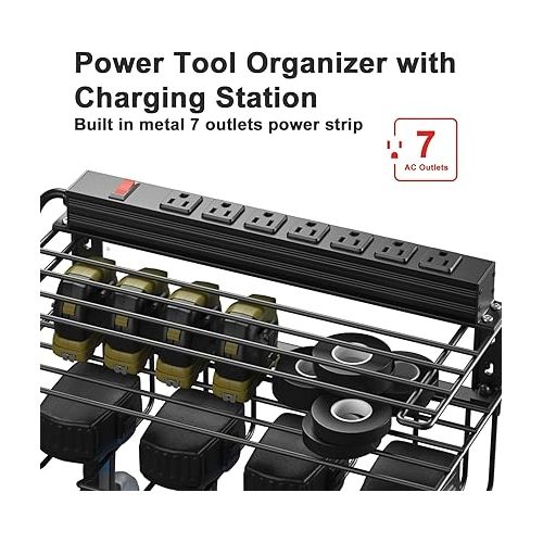  Heavy Duty Tool Organizer with charging station, 3 Layers Garage Pegboard Tool Rack, Power Tool Organizer Wall Mounted with 7 -Hole outlets Surge Protector, 4 Power Drill