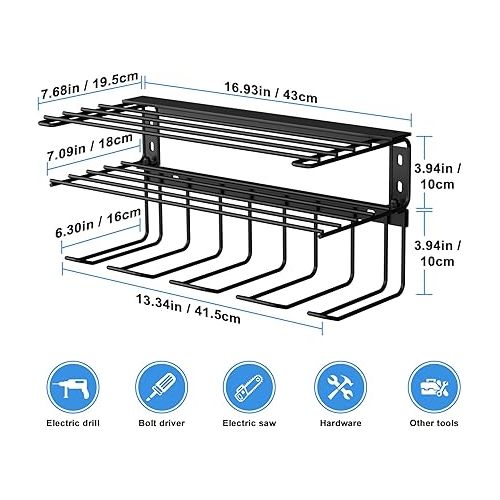  Heavy Duty Tool Organizer with charging station, 3 Layers Garage Pegboard Tool Rack, Power Tool Organizer Wall Mounted with 7 -Hole outlets Surge Protector, 4 Power Drill