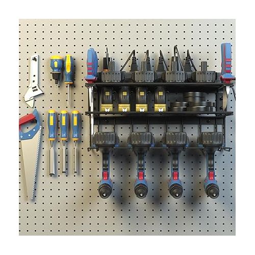  Heavy Duty Tool Organizer with charging station, 3 Layers Garage Pegboard Tool Rack, Power Tool Organizer Wall Mounted with 7 -Hole outlets Surge Protector, 4 Power Drill