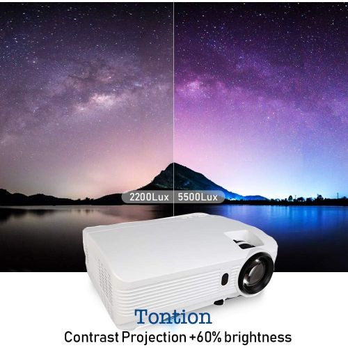  HD Projector, Tontion 2020 Upgrade 5500 Lux Video Projector Native 720P 179’’ Display,50,000 Hour LED, Portable Projector Compatible with TV Stick, PS4,HDMI, VGA, USB, AV, TF, DVD