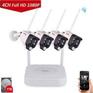Tonton 1080P Full HD Wireless Security Camera System, 4CH NVR Recorder with 1TB HDD and 4PCS 1080P 2.0MP Waterproof Outdoor Indoor Bullet Cameras with PIR Sensor, Audio Record and