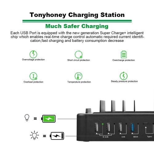  Tonyhoney Smart QC 3.0 Charging Station Universal 5 Ports 60W 12A Multiple Devices for Smartphones Bluetooth Headphones Portable Speaker Power Bank Fibit Pod Camera Pad Smart Watch