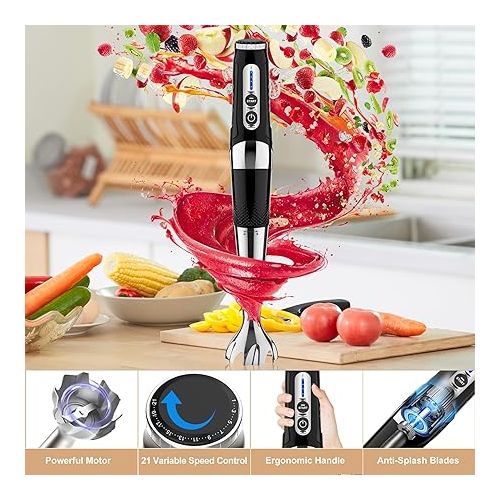  Cordless Immersion Blender Handheld: 3-in-1 Rechargeable Electric Hand Blender Stick, 21-Speeds & 3-Angle Adjustable with 700ml Beaker, Egg Whisk and Beater for Smoothies, Soup,Puree,Baby Food (Black)
