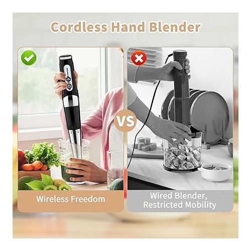  Cordless Immersion Blender Handheld: 3-in-1 Rechargeable Electric Hand Blender Stick, 21-Speeds & 3-Angle Adjustable with 700ml Beaker, Egg Whisk and Beater for Smoothies, Soup,Puree,Baby Food (Black)