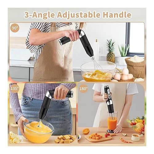  Cordless Immersion Blender Handheld: 3-in-1 Rechargeable Electric Hand Blender Stick, 21-Speeds & 3-Angle Adjustable with 700ml Beaker, Egg Whisk and Beater for Smoothies, Soup,Puree,Baby Food (Black)