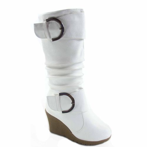  Top Moda Pure-65 Womens Fashion Round Toe Slouch Large Buckle Wedge Mid Calf Boot Shoes