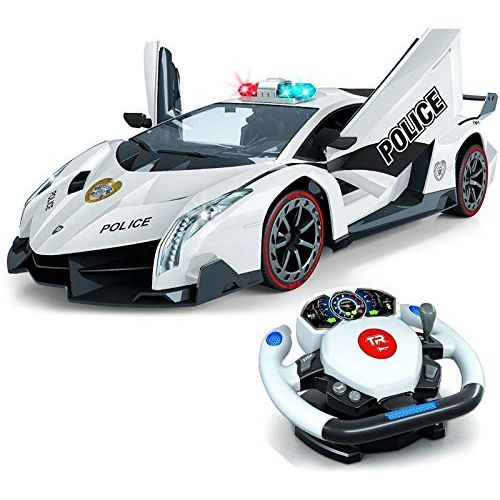  Top Race Remote Control Police Car, 4D Motion Gravity and Steering Wheel Control, 1:12 Scale, 2.4Ghz, with Lights, Sirens, Powered Doors, (TR-911)