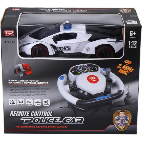  Top Race Remote Control Police Car, 4D Motion Gravity and Steering Wheel Control, 1:12 Scale, 2.4Ghz, with Lights, Sirens, Powered Doors, (TR-911)